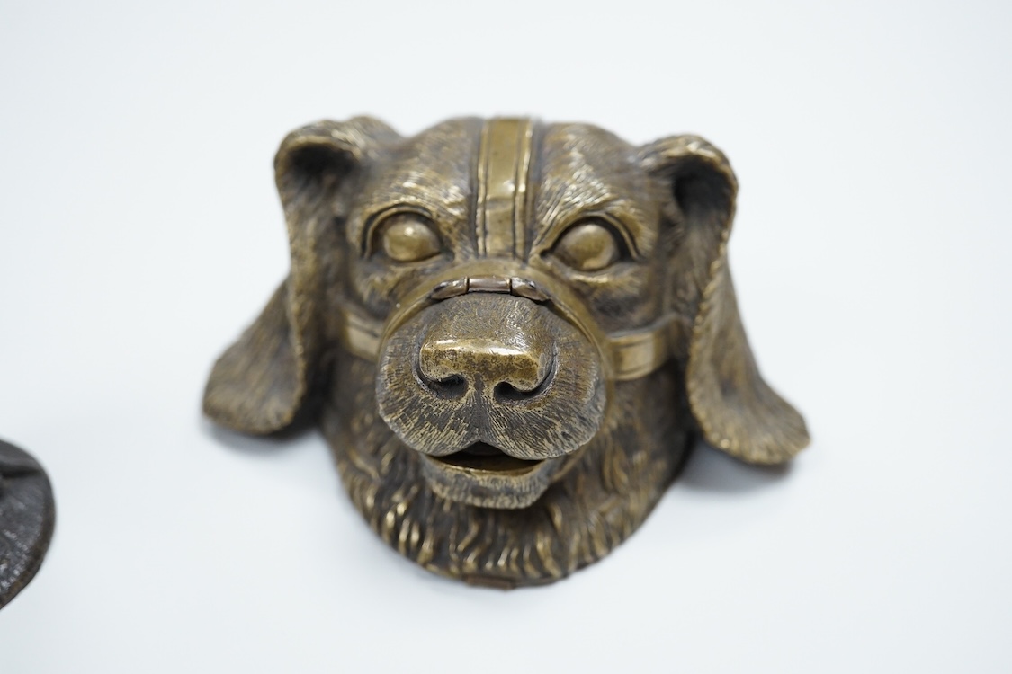 A novelty dog's head Pastille burner and bronze monkey, largest 11cm wide